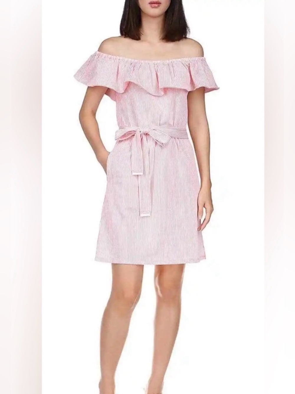 MICHAEL KORS WOMEN'S RUFFLED OFF-THE-SHOULDER MINI DRESS, GRAPEFRUIT SIZE XS